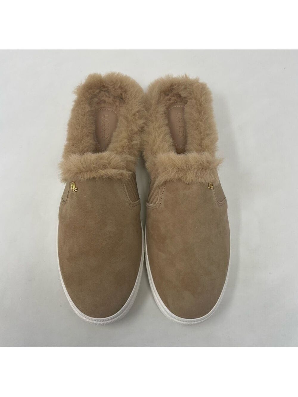 Nib Ralph Lauren Jinny Faux Fur Trim Suede Mule Slippers - Picture 5 of 11